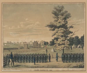 Print of a Camp Scene in the Background and Soldiers
